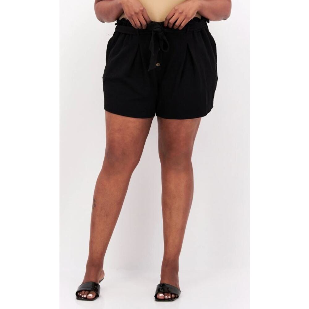Bar III‎ Women's Button Front Belted Textured Paperbag Shorts in Black 1X $60